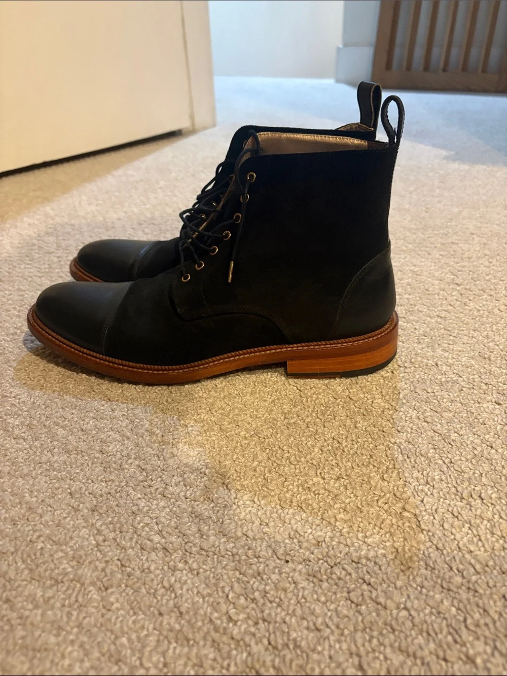 Taft Black Leather Cap-Toe Lace-Up Boots with Brown Welt